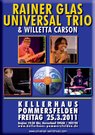 Plakat zur Ankündigung eines der Konzerte in Pommersfelden, Franken, Bayern, Deutschland, es zeigt Fotos von Leadsängerin Willetta Carson und Jazz Trio mit Rainer Glas am Bass, Bernhard Pichl am Piano, Christoph Huber am Schlagzeug.