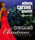 Advertisment poster announcing the Chicago Christmas Show at the renowned Comoedie theater in Fürth, which offers 480 seats to audiences from the Nürnberg, Fürth, Erlangen area; jazz singer and vocalist Willetta Carson is shown in front of a downtown Chicago skyline