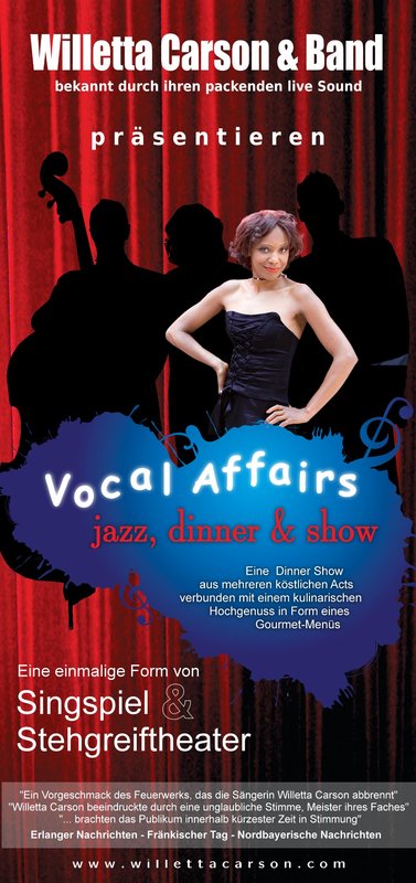 Flyer der Vocal Affairs Dinnershow  von Willetta Carson, Vorder- und Rückseite zeitlich abwechselnd