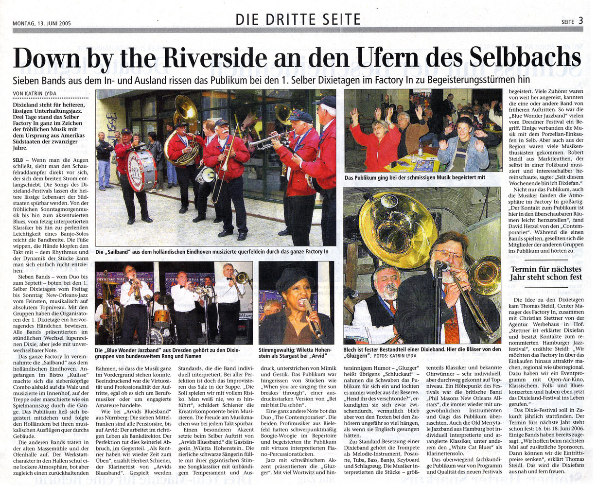Die Selber Zeitung berichtet über die Selb Dixie Days, bei denen die Jazzmusikerin Willetta Carson mit Arvid's Jazz Company auf der Bühne stand, um ein Dixiekonzert zu geben