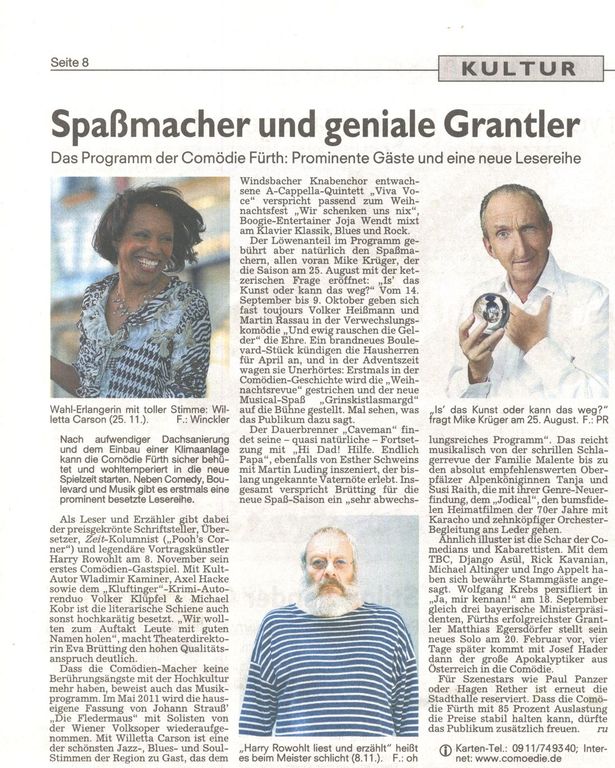 Nürnberger Nachrichten newspaper gives a preview of the upcoming concerts and shows in the Comoedie theater in Fürth, where jazz singer Willetta Carson and her quartet were introducing the Chicago Christmas Show