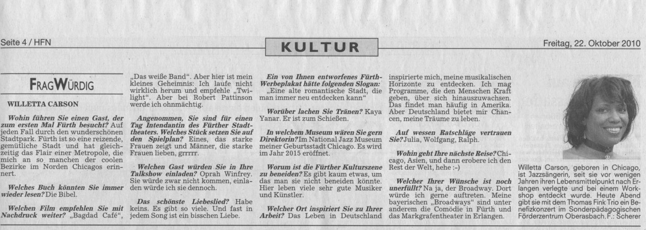 Fürther Nachrichten newspaper interviews jazz singer Willetta Carson from Chicago on life and impressions of the city of Fürth