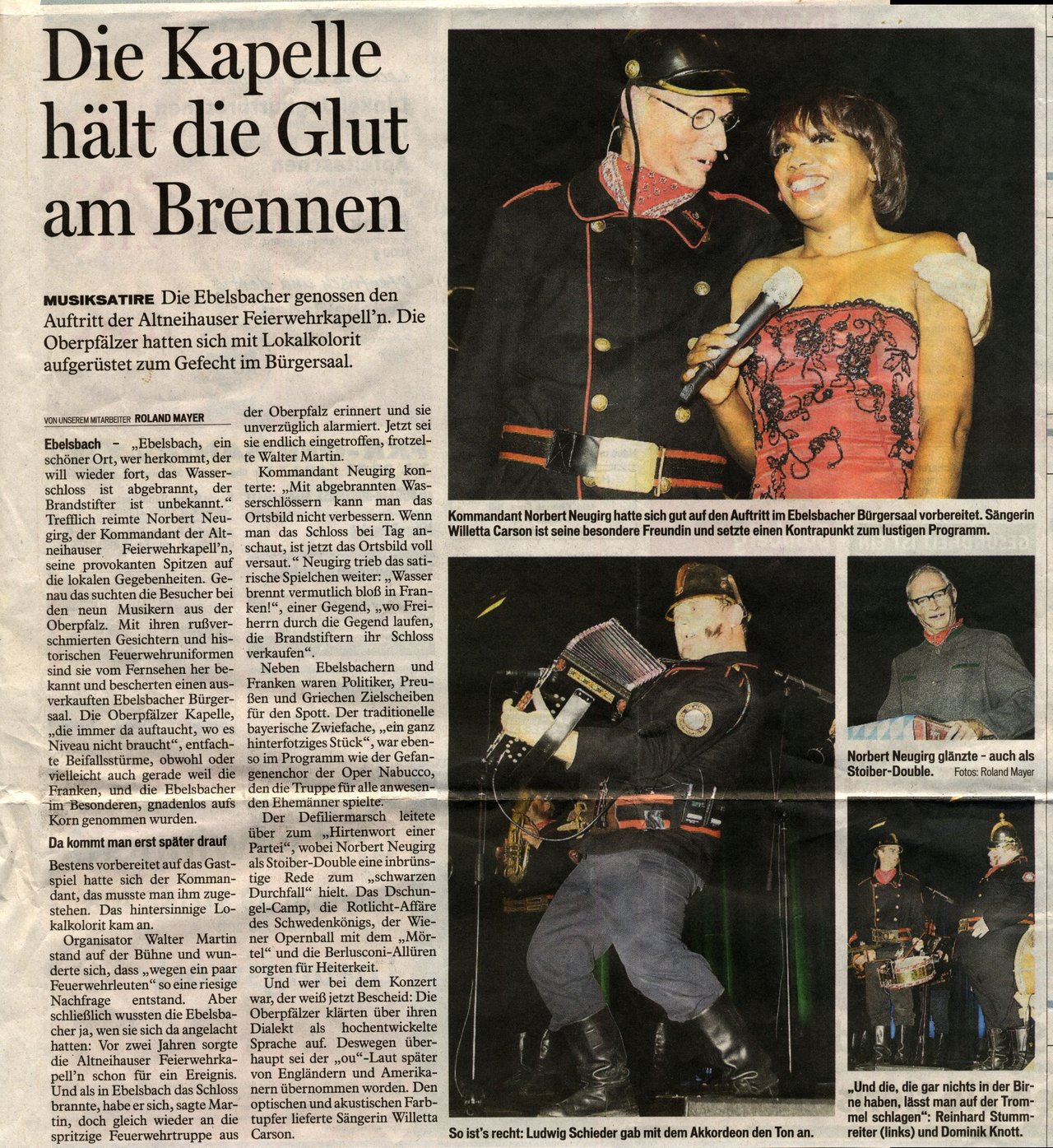 Ebelsbacher Bürgersaal – musikalische Satire der Altneihauser Feierwehrkapelle feat. Willetta Carson am 01.10.2011; Presseartikel